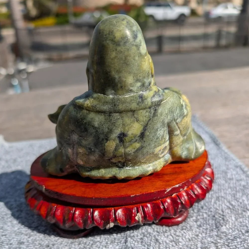 Antique Old Estate 5”x6" Soapstone Seated Laughing Buddha with Wooden Base - Picture 3 of 5